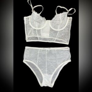White Lace Lingerie Set Sheer Mesh Bustier & Panty Size Large